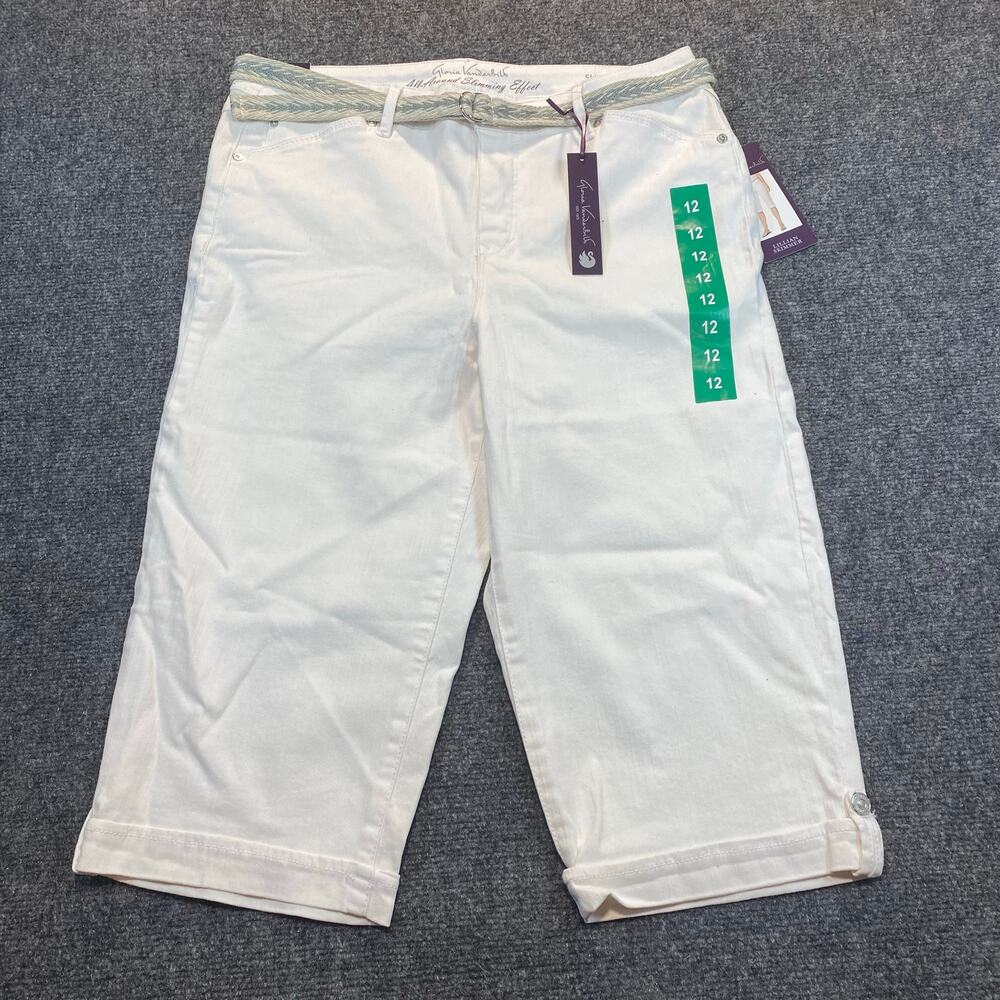 New Gloria Vanderbilt Womens 12 White Belted Skimmer Cropped Slimming Pants